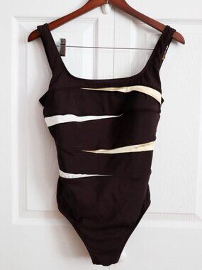Vintage Longitude One Piece Swimsuit Bathing Suit Brown Gold Cream Sz 12
